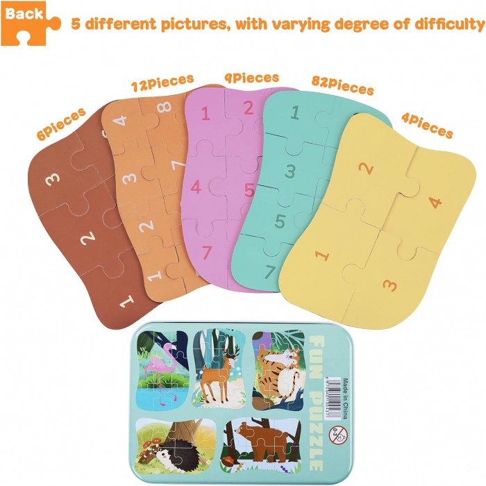 Set 5 Puzzles pentru incepatori, Diferite Nivele de Complexitate, Cutie Metalica, Flamingo si animale de padure, 3 ani + [3]