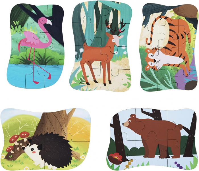 Set 5 Puzzles pentru incepatori, Diferite Nivele de Complexitate, Cutie Metalica, Flamingo si animale de padure, 3 ani + [2]