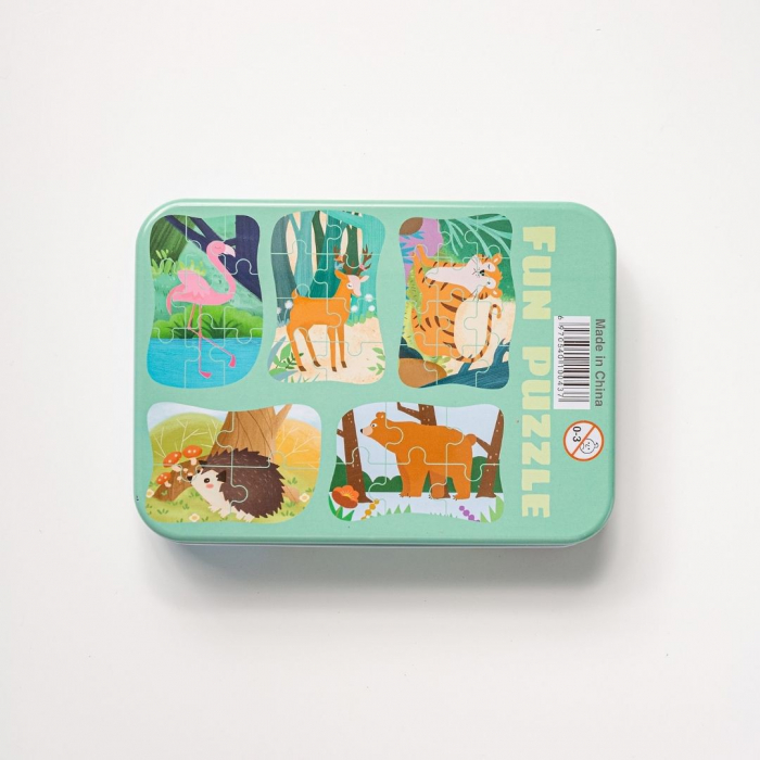Set 5 Puzzles pentru incepatori, Diferite Nivele de Complexitate, Cutie Metalica, Flamingo si animale de padure, 3 ani + [7]