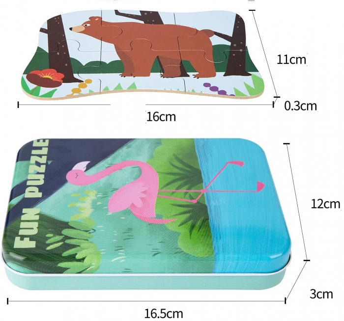 Set 5 Puzzles pentru incepatori, Diferite Nivele de Complexitate, Cutie Metalica, Flamingo si animale de padure, 3 ani + [5]