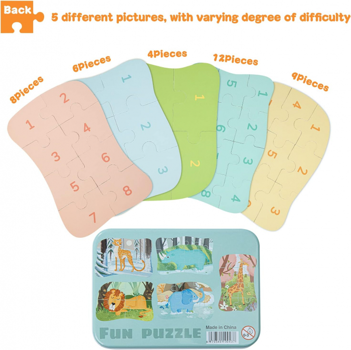 Set 5 Puzzles pentru incepatori, Diferite Nivele de Complexitate, Cutie Metalica, animale salbatice, 3 ani + [5]
