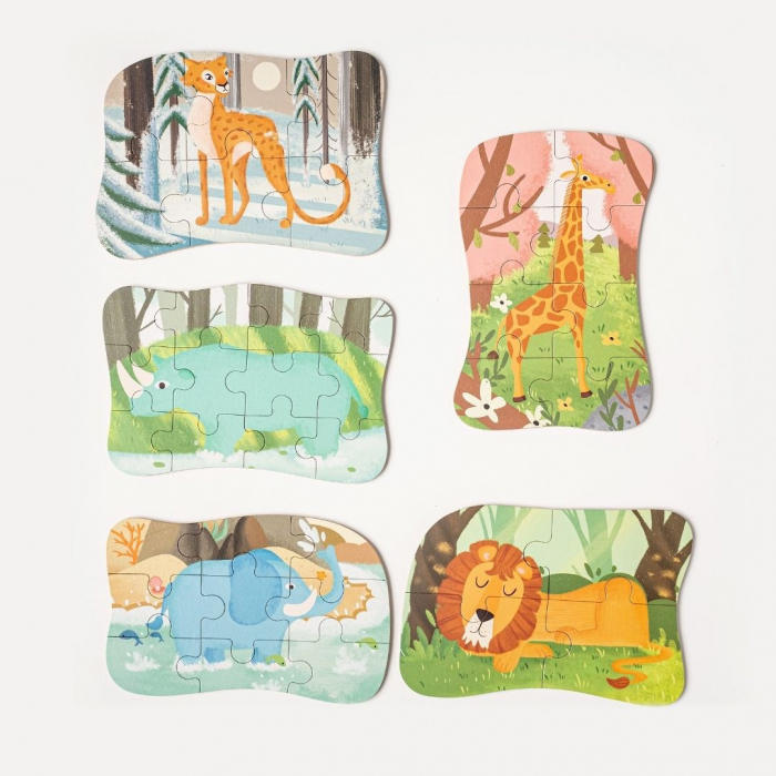 Set 5 Puzzles pentru incepatori, Diferite Nivele de Complexitate, Cutie Metalica, animale salbatice, 3 ani + [2]