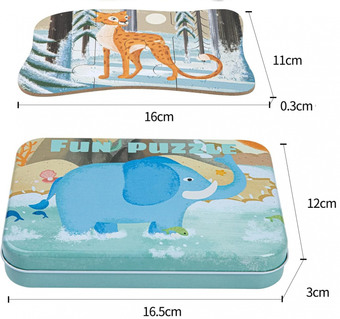 Set 5 Puzzles pentru incepatori, Diferite Nivele de Complexitate, Cutie Metalica, animale salbatice, 3 ani + [3]