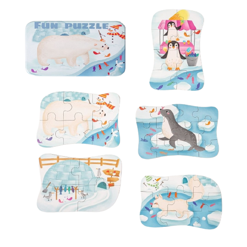Set 5 Puzzles pentru incepatori, Diferite Nivele de Complexitate, Cutie Metalica, animale polare, 3 ani + [6]