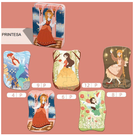 Set 5 Puzzles pentru incepatori, Diferite Nivele de Complexitate, Cutie Metalica, Printese, Zane si Sirene , 3 ani + [10]