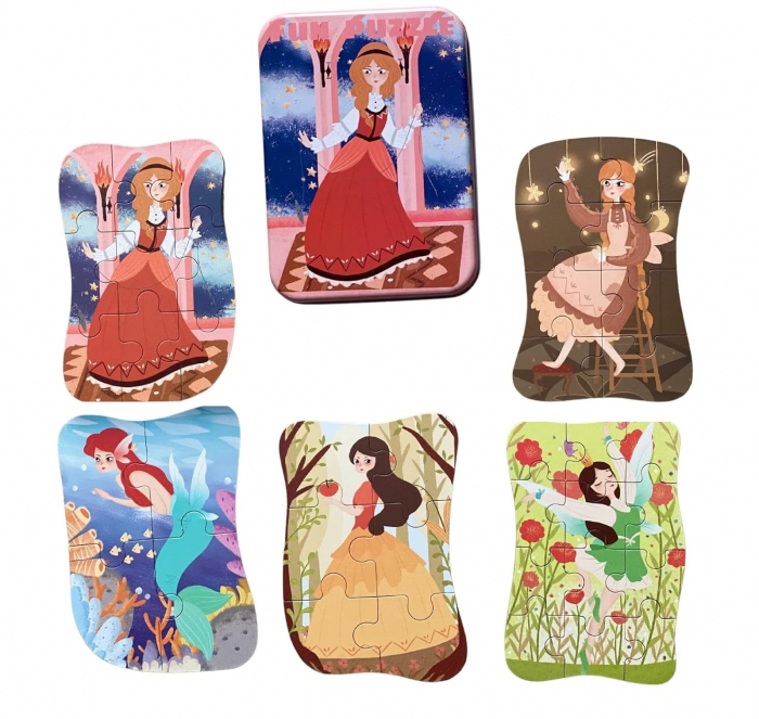 Set 5 Puzzles pentru incepatori, Diferite Nivele de Complexitate, Cutie Metalica, Printese, Zane si Sirene , 3 ani + [1]