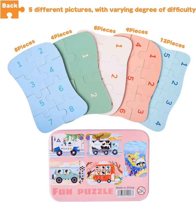 Set 5 Puzzles pentru incepatori, Diferite Nivele de Complexitate, Cutie Metalica,Vehicule, 3 ani + [3]