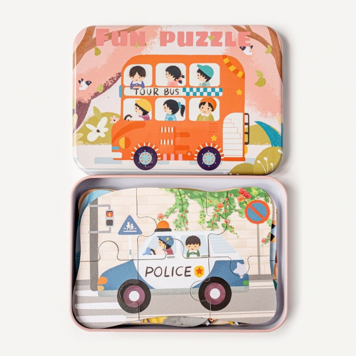 Set 5 Puzzles pentru incepatori, Diferite Nivele de Complexitate, Cutie Metalica,Vehicule, 3 ani + [5]
