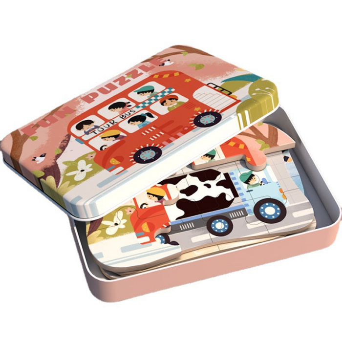 Set 5 Puzzles pentru incepatori, Diferite Nivele de Complexitate, Cutie Metalica,Vehicule, 3 ani + [7]