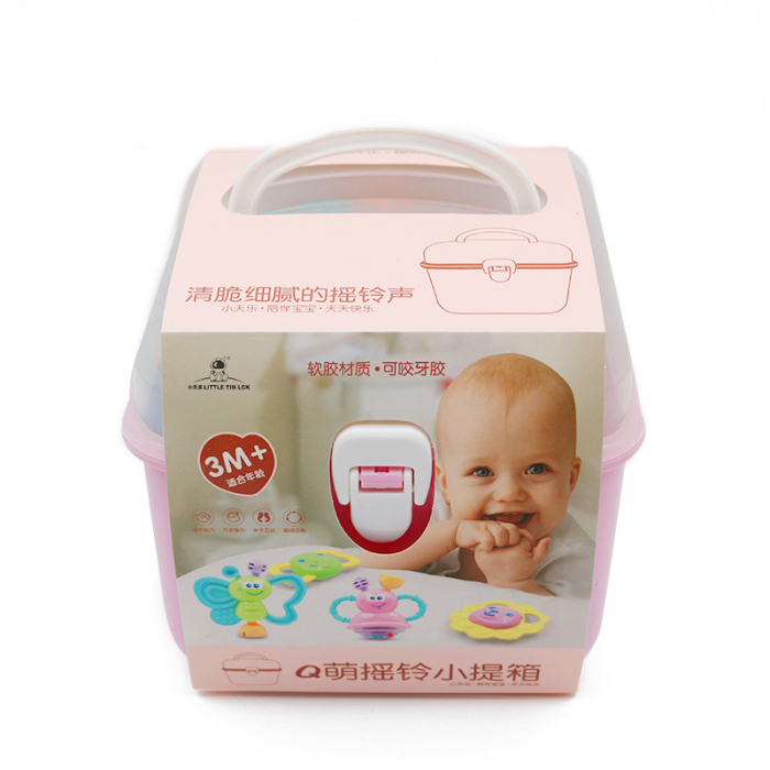 Set 10 piese jucarii zornaitoare pentru bebelusi, jucarii pentru dentitie, cutie de transport frumos colorata cu roz, 0 luni, Edujucarii - Little Tin Lok [7]