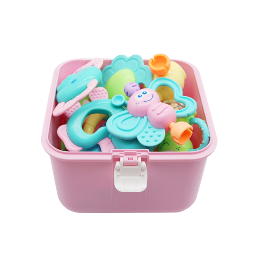 Set 10 piese jucarii zornaitoare pentru bebelusi, jucarii pentru dentitie, cutie de transport frumos colorata cu roz, 0 luni, Edujucarii - Little Tin Lok [3]