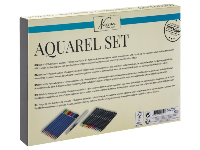 Set creativ 12 carioci acuarela, 12 creioane colorate tip acuarela, pensula, Nassau [2]