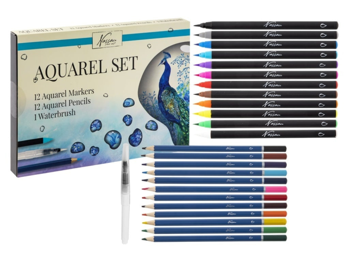 Set creativ 12 carioci acuarela, 12 creioane colorate tip acuarela, pensula, Nassau [1]
