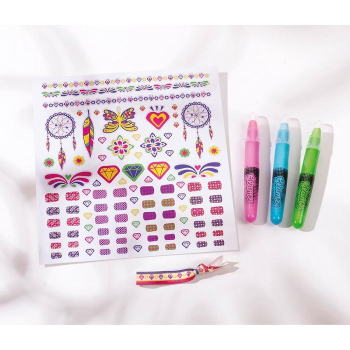 Set creativ 3 in 1, tatuaje cu sclipici, tatuaje cu sclipici pentru unghii si creioane pentru colorarea parului - Fashion Glamz [3]