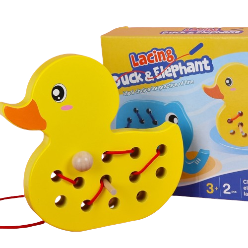 Set de 2 Jucarii de indemanare cu sireturi pentru copii, Ratusca, Elefant, Montessori, 3 ani+, EduJucarii [2]