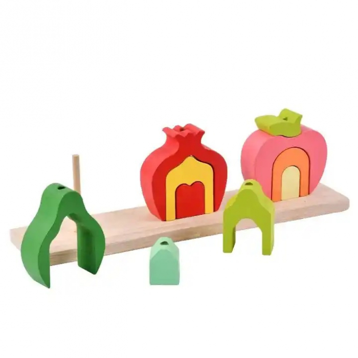 Set de 3 Turnuri de Sortat si Stivuit in Forma de Fructe, Montessori, 11 Piese, Lemn, 3 ani+, Edujucarii [5]