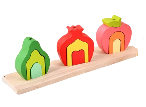 Set de 3 Turnuri de Sortat si Stivuit in Forma de Fructe, Montessori, 11 Piese, Lemn, 3 ani+, Edujucarii [2]