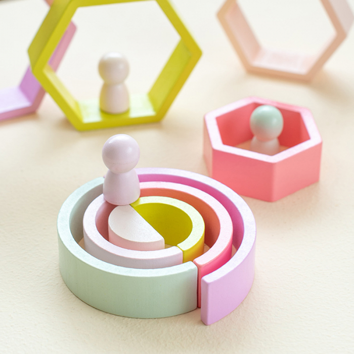 Set de 35 de piese din lemn, curcubeu, culori pastel, blocuri de constructie pentru Prescolari, Jucarie pentru dezvoltare timpurie, Educatie Montessori,  3 ani+ EduJucarii [10]
