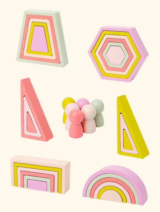 Set de 35 de piese din lemn, curcubeu, culori pastel, blocuri de constructie pentru Prescolari, Jucarie pentru dezvoltare timpurie, Educatie Montessori,  3 ani+ EduJucarii [11]