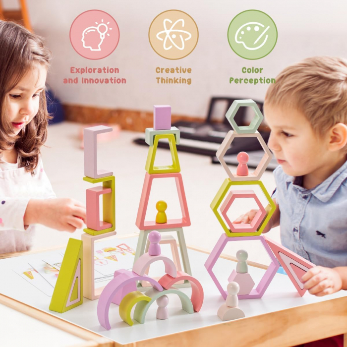 Set de 35 de piese din lemn, curcubeu, culori pastel, blocuri de constructie pentru Prescolari, Jucarie pentru dezvoltare timpurie, Educatie Montessori,  3 ani+ EduJucarii [7]