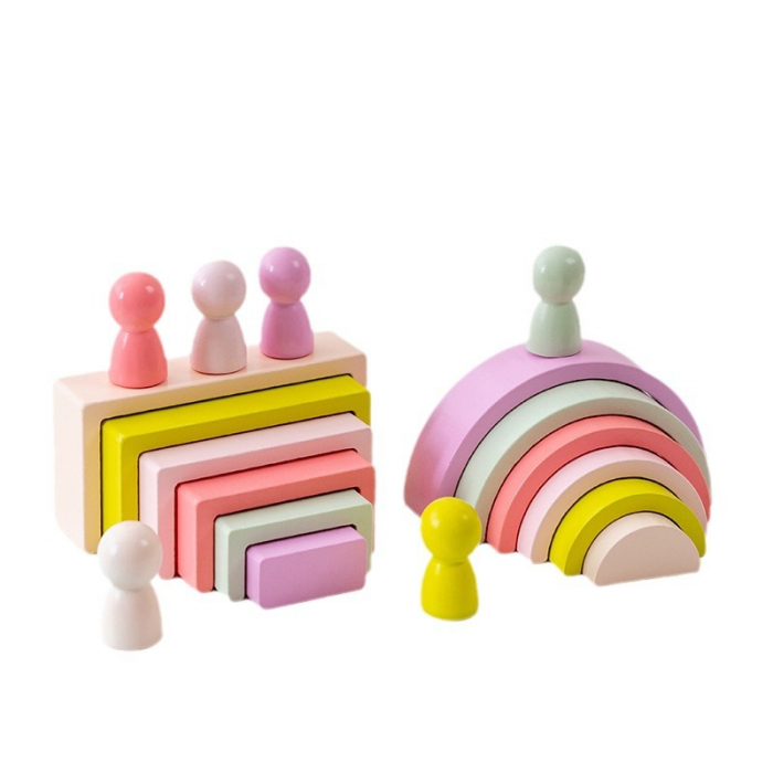 Set de 35 de piese din lemn, curcubeu, culori pastel, blocuri de constructie pentru Prescolari, Jucarie pentru dezvoltare timpurie, Educatie Montessori,  3 ani+ EduJucarii [4]