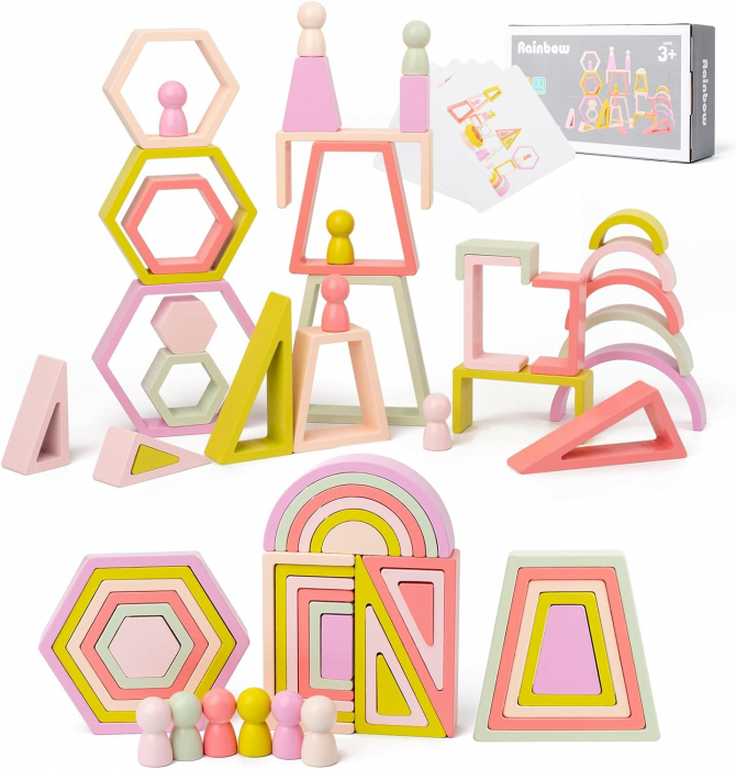 Set de 35 de piese din lemn, curcubeu, culori pastel, blocuri de constructie pentru Prescolari, Jucarie pentru dezvoltare timpurie, Educatie Montessori,  3 ani+ EduJucarii [2]