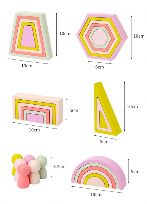 Set de 35 de piese din lemn, curcubeu, culori pastel, blocuri de constructie pentru Prescolari, Jucarie pentru dezvoltare timpurie, Educatie Montessori,  3 ani+ EduJucarii [9]