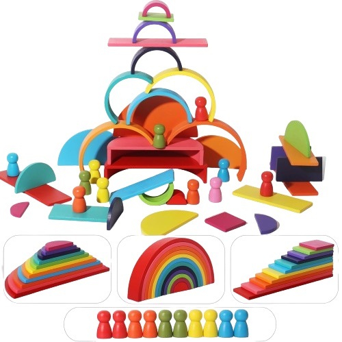 Set de 45 de piese din lemn, curcubeu, blocuri de constructie 4 in 1 Prescolari, Jucarii pentru dezvoltare timpurie, Educatie Montessori, 12 luni+ [2]