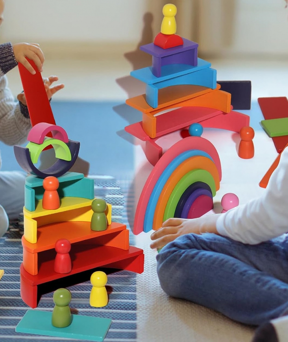 Set de 45 de piese din lemn, curcubeu, blocuri de constructie 4 in 1 Prescolari, Jucarii pentru dezvoltare timpurie, Educatie Montessori, 12 luni+ [5]
