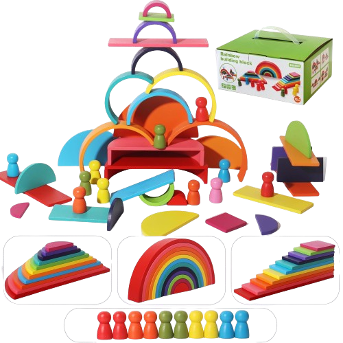 Set de 45 de piese din lemn, curcubeu, blocuri de constructie 4 in 1 Prescolari, Jucarii pentru dezvoltare timpurie, Educatie Montessori, 12 luni+ [1]