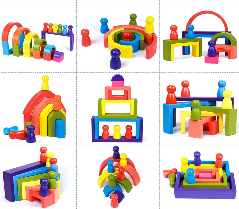 Set de 28 de piese din lemn, curcubeu, blocuri de constructie pentru Prescolari, Jucarie pentru dezvoltare timpurie, Educatie Montessori,  3 ani+ EduJucarii [3]