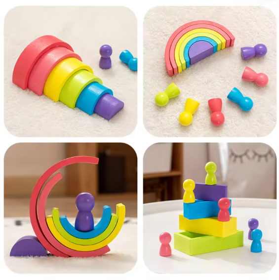 Set de 28 de piese din lemn, curcubeu, blocuri de constructie pentru Prescolari, Jucarie pentru dezvoltare timpurie, Educatie Montessori,  3 ani+ EduJucarii [4]