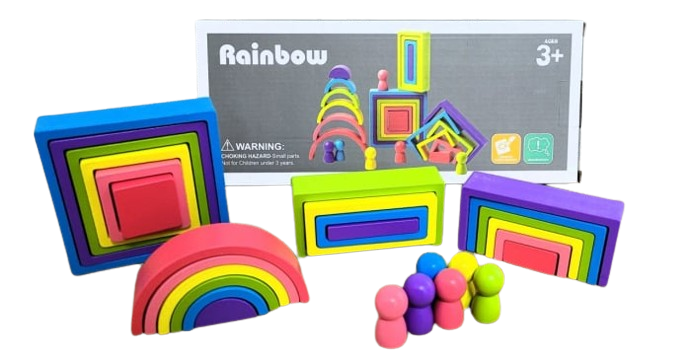 Set de 28 de piese din lemn, curcubeu, blocuri de constructie pentru Prescolari, Jucarie pentru dezvoltare timpurie, Educatie Montessori,  3 ani+ EduJucarii [1]