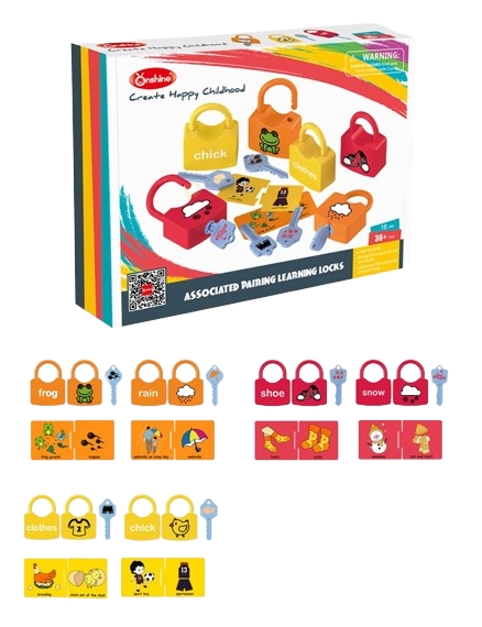 Set de 6  Lacate, 6 chei, cartonase de asociere cu imagini diverse, Broscuta, Norisori, Cuvinte, 18 piese, 3 ani +, Edujucarii [7]