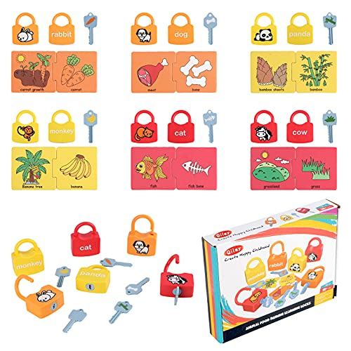 Set de 6  Lacate, 6 chei, cartonase de asociere cu imagini diverse, Panda, Vacuta, Catelus, cuvinte, 18 piese, 3 ani +, Edujucarii [2]