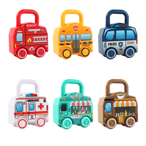 Set de 6  Lacate Masini cu Numere si 6 chei, Ambulanta, Politie, Autobuz Scolar, Camion cu Inghetata si Camion cu ceai,  Jucarie Educativa, Edujucarii [7]