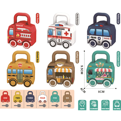Set de 6  Lacate Masini cu Numere si 6 chei, Ambulanta, Politie, Autobuz Scolar, Camion cu Inghetata si Camion cu ceai,  Jucarie Educativa, Edujucarii [2]