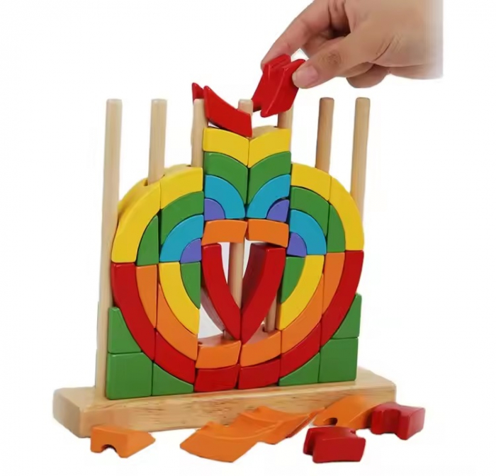 Set de 54 de piese din lemn, curcubeu, blocuri de constructie Prescolari, Jucarii pentru dezvoltare timpurie, Educatie Montessori, 3 ani+, Edujucarii [7]