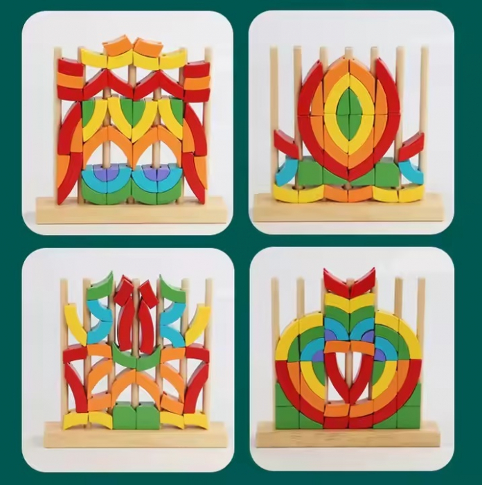 Set de 54 de piese din lemn, curcubeu, blocuri de constructie Prescolari, Jucarii pentru dezvoltare timpurie, Educatie Montessori, 3 ani+, Edujucarii [3]