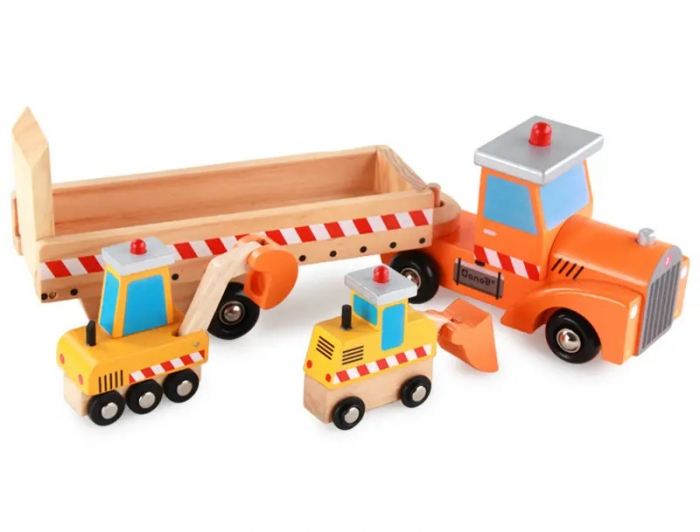 Set de Jucarii din Lemn, Tractor cu Platforma, Buldozer si Excavator, 4 Piese, 40 cm, 3 ani+ [1]