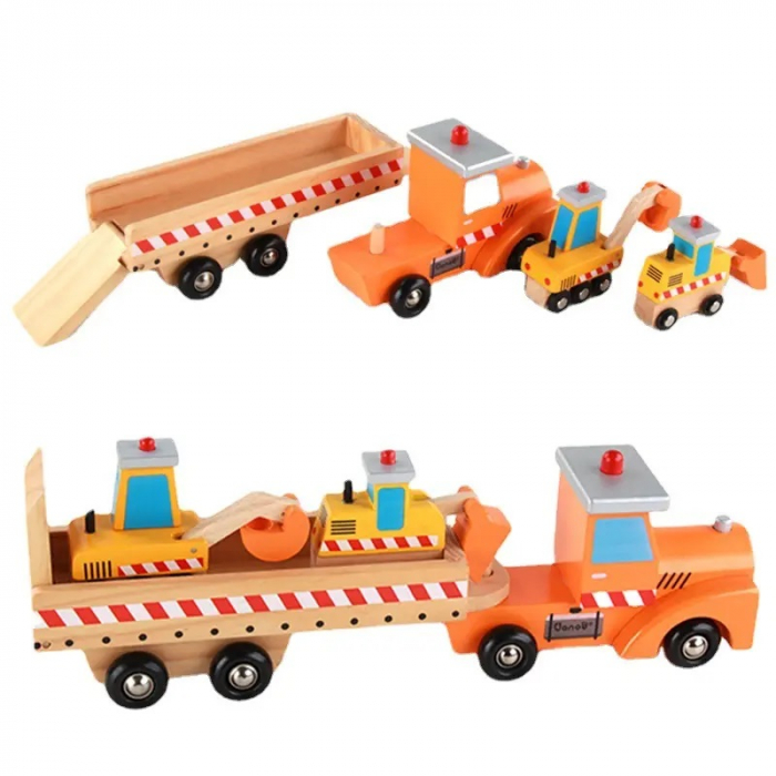Set de Jucarii din Lemn, Tractor cu Platforma, Buldozer si Excavator, 4 Piese, 40 cm, 3 ani+ [3]