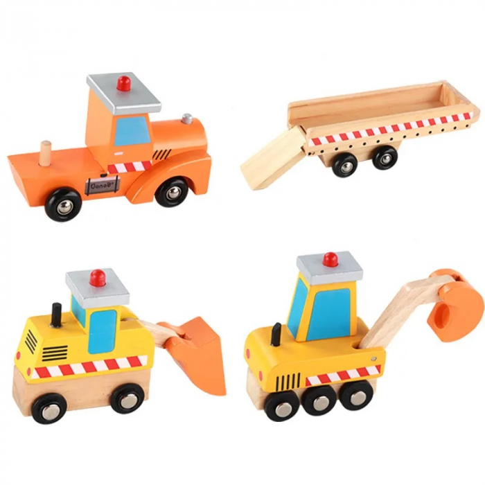 Set de Jucarii din Lemn, Tractor cu Platforma, Buldozer si Excavator, 4 Piese, 40 cm, 3 ani+ [8]