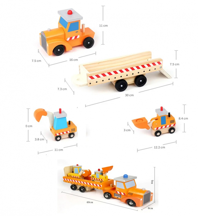 Set de Jucarii din Lemn, Tractor cu Platforma, Buldozer si Excavator, 4 Piese, 40 cm, 3 ani+ [4]