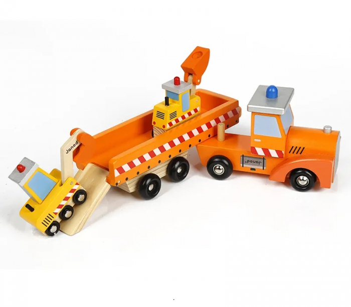 Set de Jucarii din Lemn, Tractor cu Platforma, Buldozer si Excavator, 4 Piese, 40 cm, 3 ani+ [5]