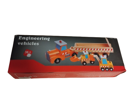 Set de Jucarii din Lemn, Tractor cu Platforma, Buldozer si Excavator, 4 Piese, 40 cm, 3 ani+ [9]
