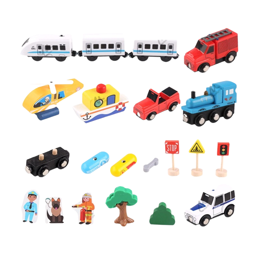 Set Mare Circuit de Tren din lemn, cu locomotiva electrica si o multime de detalii de jucat in tot orasul, 95 piese, Wood Mom [6]