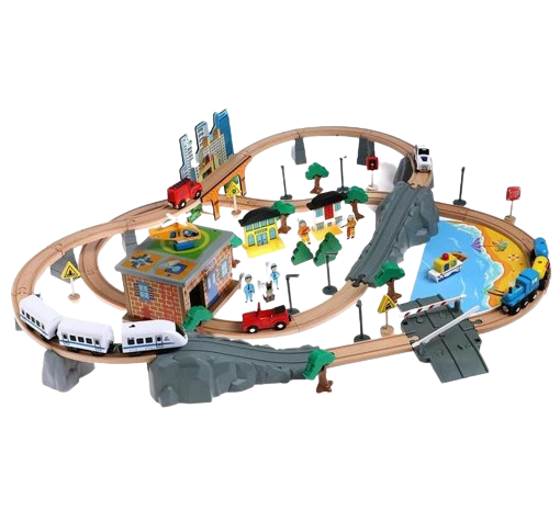 Set Mare Circuit de Tren din lemn, cu locomotiva electrica si o multime de detalii de jucat in tot orasul, 95 piese, Wood Mom [2]