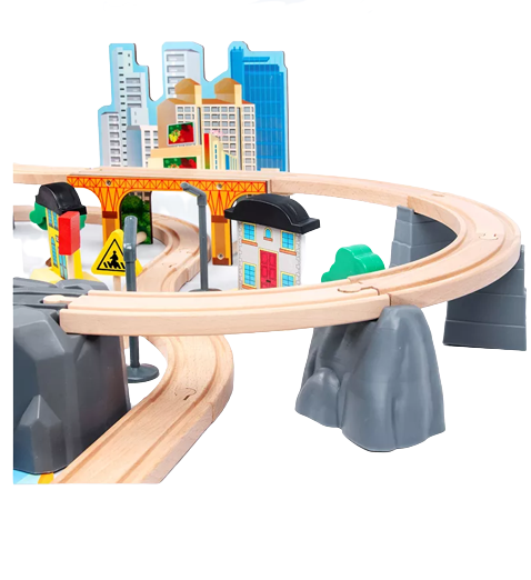 Set Mare Circuit de Tren din lemn, cu locomotiva electrica si o multime de detalii de jucat in tot orasul, 95 piese, Wood Mom [7]