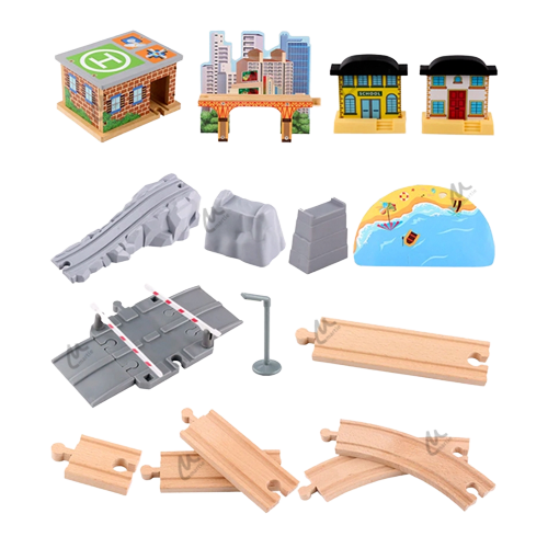 Set Mare Circuit de Tren din lemn, cu locomotiva electrica si o multime de detalii de jucat in tot orasul, 95 piese, Wood Mom [5]