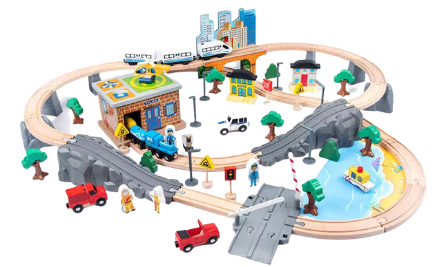 Set Mare Circuit de Tren din lemn, cu locomotiva electrica si o multime de detalii de jucat in tot orasul, 95 piese, Wood Mom [3]